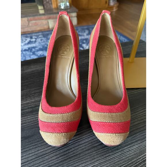 Vintage TORY BURCH JOELLE PLATFORM LINEN PUMP HEEL STRIPED RED/TAN SHOES Sz. 7 - Picture 1 of 9
